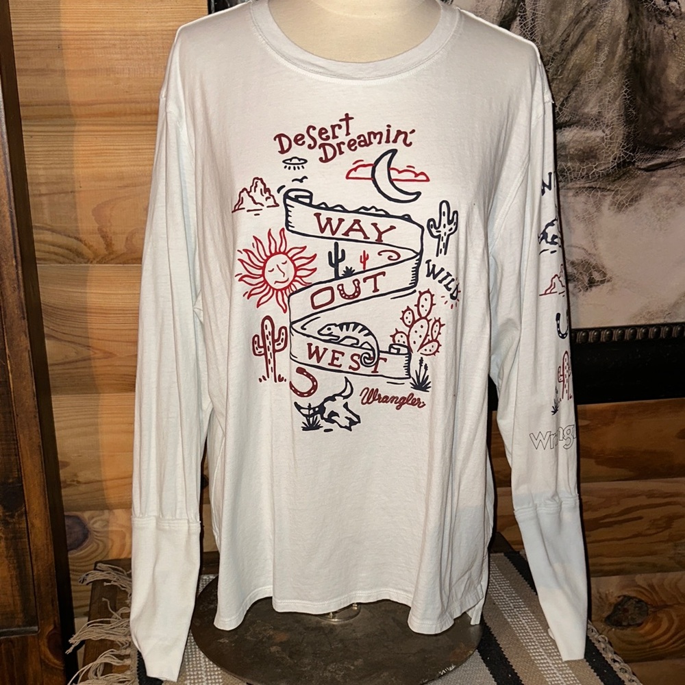 Wrangler White Long Sleeve Desert Graphic Tee with Red & Black Print